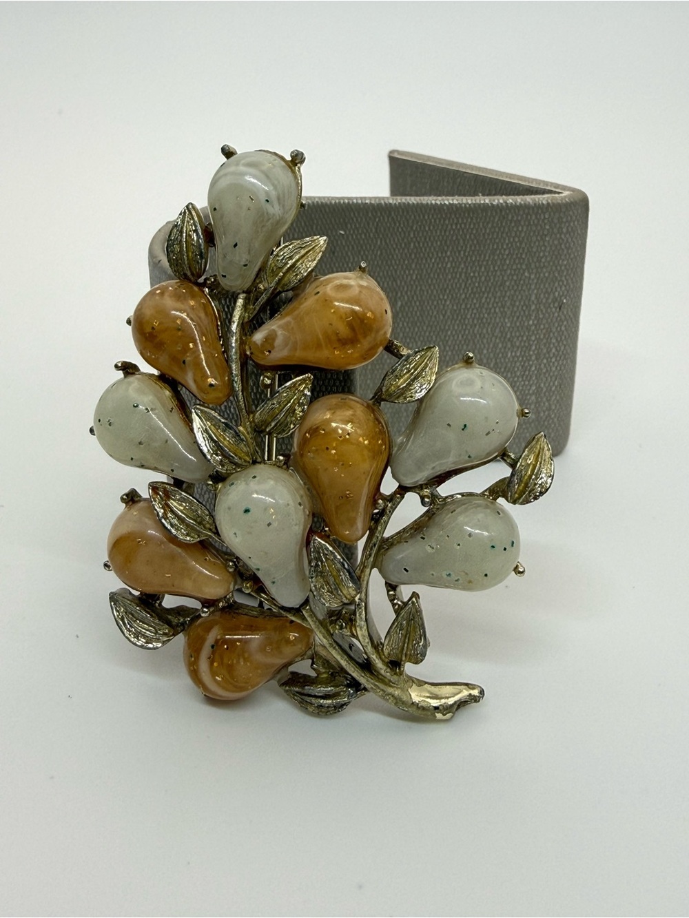 Vintage Signed Coro Moonglow Lucite Pear Fruit Tree Brooch Gold Tone